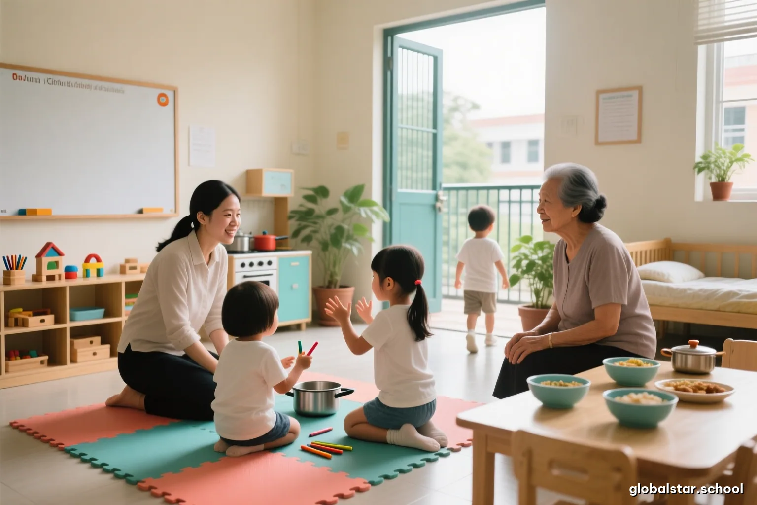 A small girl kneeling on a balcony floor with toy kitchen pots, gesturing while explaining something to a seated grandmother, potted plants and afternoon haze, faces not visible