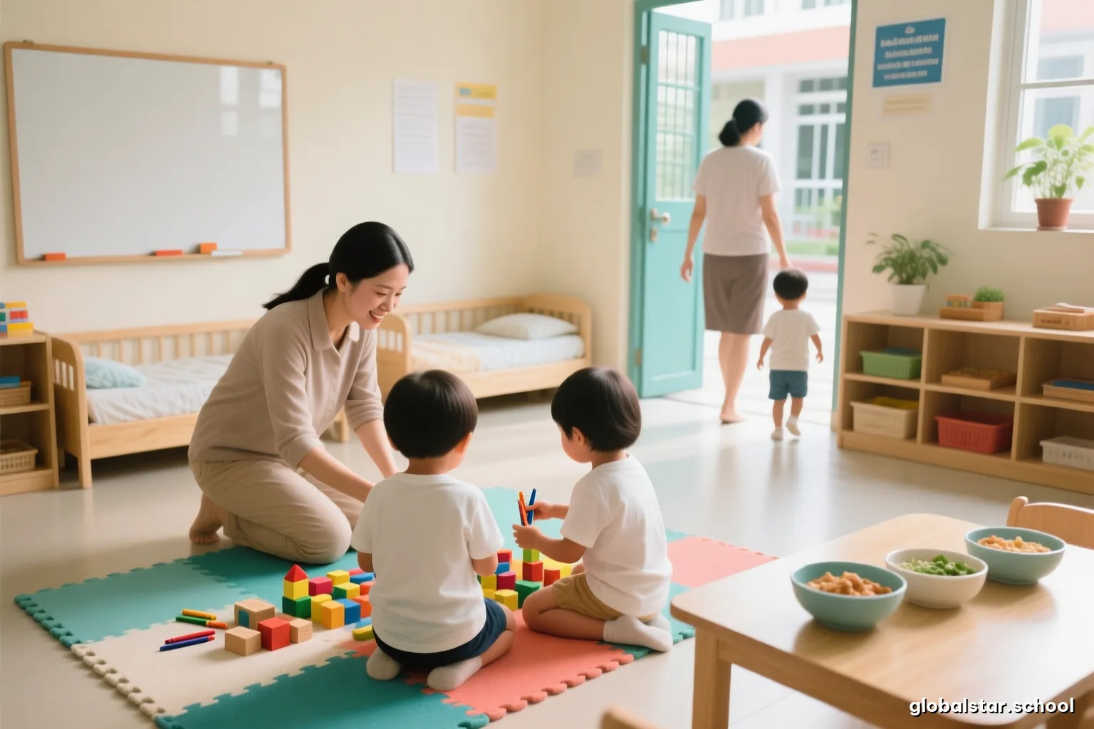 Two preschoolers seen from behind sitting side by side on a rug sorting colourful wooden blocks while a teacher points gently, warm afternoon light, overhead angle, soft pastel colours