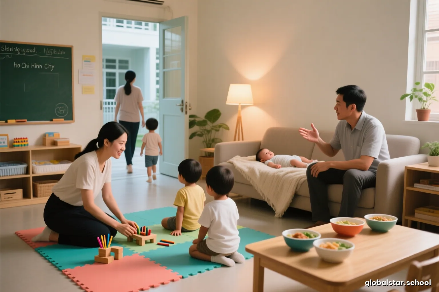 A couple sitting on a sofa with a baby lying between them on a soft blanket, the father gesturing as they talk, warm evening lamp light, faces not visible