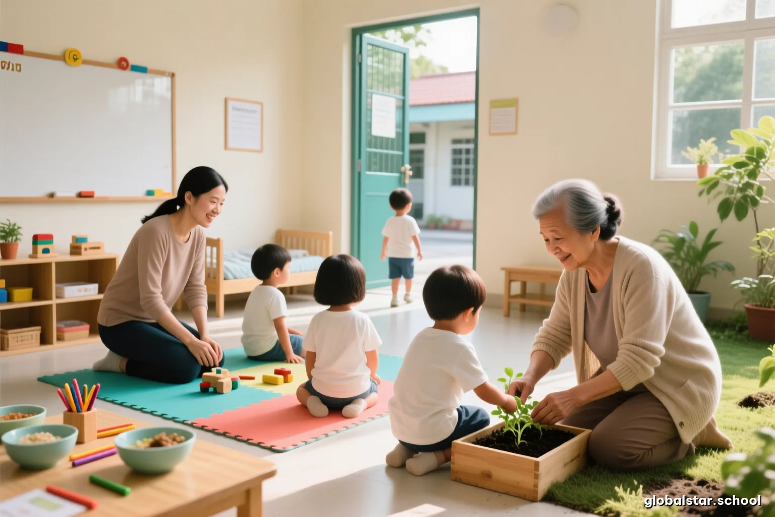 A grandmother and a small grandchild crouched together in a sunlit garden abroad, planting seedlings in a wooden box, cardigan sleeves rolled up, both seen from behind
