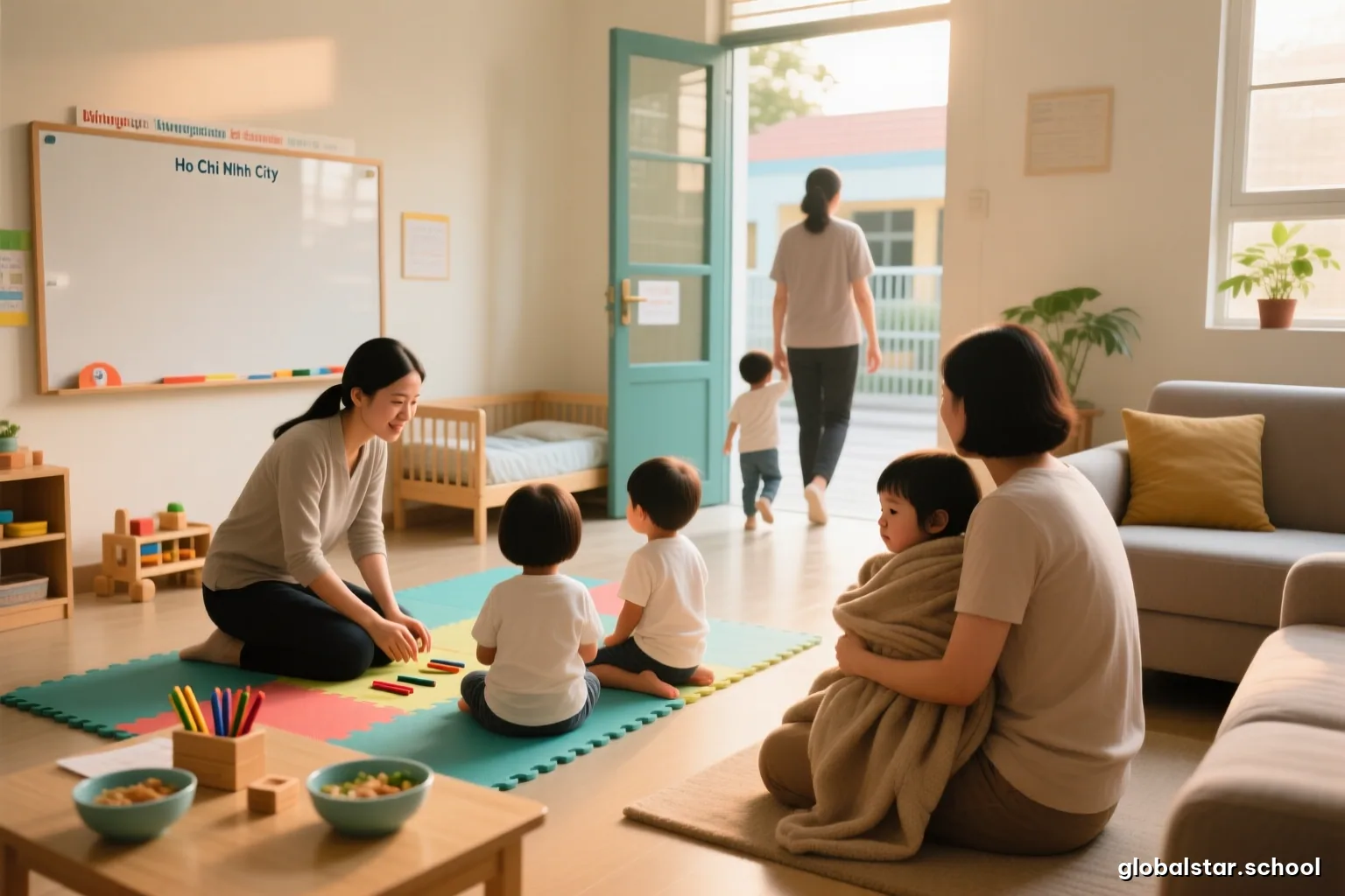 A parent sitting on a living room floor in late afternoon light holding a tired preschooler wrapped in a blanket, both seen from behind, warm amber tones, quiet domestic scene