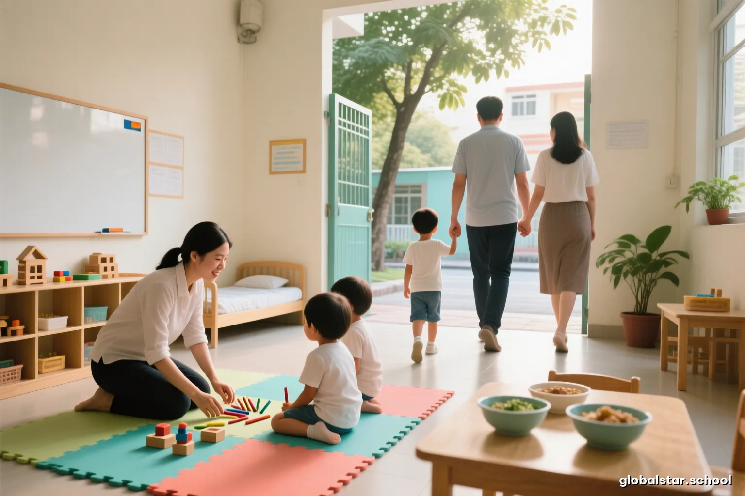 A father and a mother walking a preschool boy between them along a leafy Saigon sidewalk in the early morning, each holding one of his hands, seen from behind