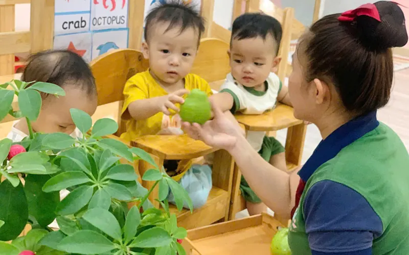 A teacher hands a green fruit to toddlers seated at a low wooden table